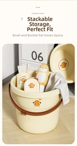 Detailed set of cartoon bath accessories featuring a portable basket and penguin bottle