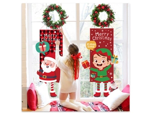 Detailed view of Christmas Santa and elf hanging flags with festive plaid patterns