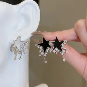 Elegant asymmetrical star tassel earrings with zircon inlay and silver pins for women