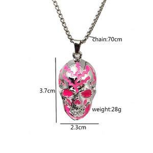 Luminous hip hop skull pendant necklace with silver box chain and pink glow accents