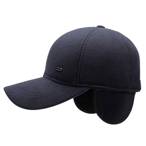 Winter elderly men baseball cap with ear flaps in navy blue thick thermal fabric