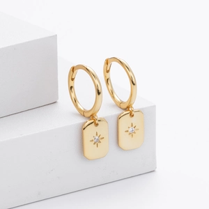 S925 silver gold-plated hoop earrings featuring a brushed starburst rectangular pendant