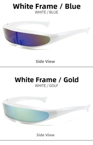 Side view of futuristic white wrap-around sunglasses with blue and gold mirrored lenses