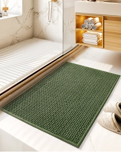 Macro detail of green chenille bath mat showing soft woven texture and absorbent fibers