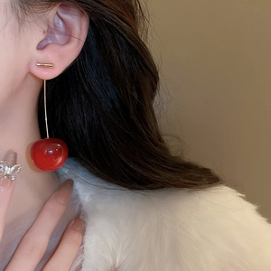 Cute resin red cherry drop earrings with gold needle for women's sweet fashion style