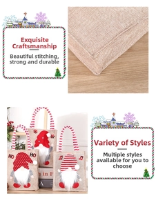 Close-up of linen Christmas gift bags with Santa gnome embroidery and rope handles