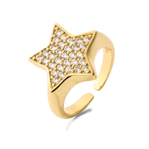Detailed view of an 18K gold star ring featuring micro-paved zircons and open band design