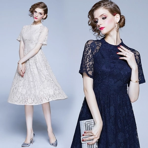 Robe Midi En Dentelle Élégante Femmes Col Rond Manches Courtes Silhouette Ligne A Taille Haute Soirée Cocktail Vintage