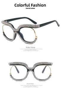 Macro detail of rhinestone-studded owl oversized glasses frame with gold-tone metal accents