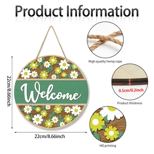 Spring farmhouse round wooden welcome sign with daisy flower patterns and hanging rope