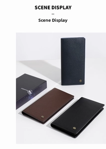 Three men's long wallets in cross-grain leather with premium gift boxes and logo