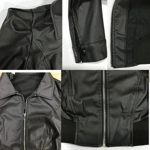 Detailed views of the lapel, metal zipper, and elastic hem on the black PU leather jacket