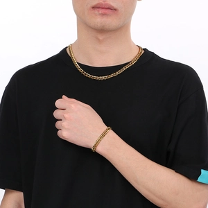 Men's titanium steel square curb chain necklace and bracelet set in bright gold finish