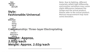 Detailed specifications for white gold adjustable snowflake ring with sizing and weight details