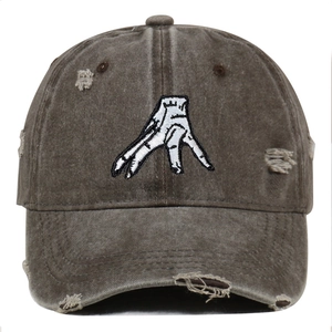 Vintage washed dark brown baseball cap with white embroidery and distressed details