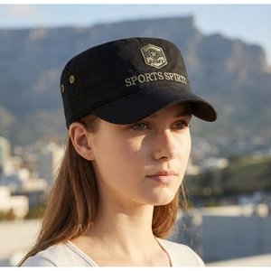 Detail of black cotton cadet cap featuring embroidered Army badge and side air vents