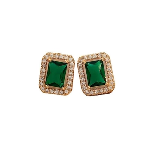 Vintage gold square stud earrings with emerald green gemstone and crystal halo