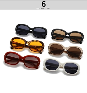 Detailed flat lay of six color options for these retro oval sunglasses with rivet accents