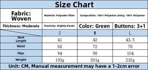 Detailed size chart for green woven two-piece skirt set with fabric specifications