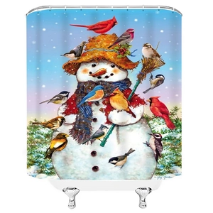 Christmas snowman shower curtain with colorful birds on waterproof fabric with hooks