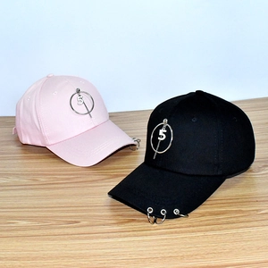 Pink and black cotton baseball caps with metal ring accents and number 5 pendant charms
