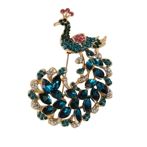 Elegant gold-tone peacock brooch set with sparkling deep blue and green rhinestones
