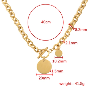 Gold OT buckle chunky link chain necklace with round disk pendants in stainless steel