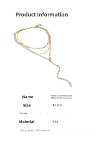 Macro view of multi-layer pearl necklace with sparkling rhinestones and alloy chain detail