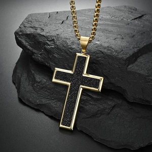 Minimalist large titanium steel cross necklace with gold finish and black matte inlay