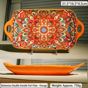 Böhmische orangefarbene Keramik Fischplatte mit Griffen und Mandala Muster 31.5cm