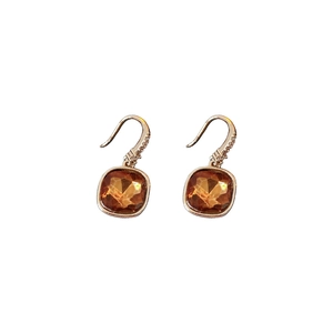 Elegant gold square earrings with amber zircon pendants and clear crystal ear hooks