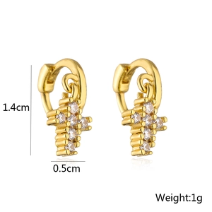 Detailed view of 18K gold cross earrings with zircon crystals and size measurements