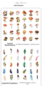 Detail view of 60-piece vintage watercolor mushroom and feather stickers set for journaling