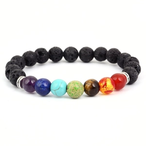 Close-up of 8mm black lava rock and seven chakra colorful natural stone beaded bracelet