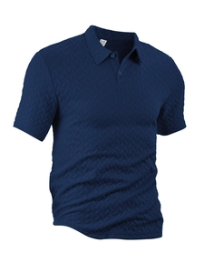 Detail shot of navy blue men's polo shirt featuring breathable herringbone texture fabric