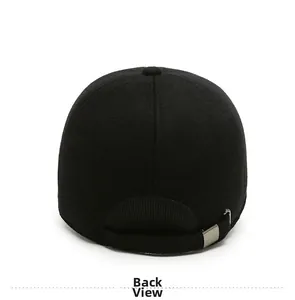 Rear view of black wool felt outdoor cap with adjustable silver metal buckle detail