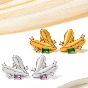 Elegant heart-shaped titanium steel earrings with rectangle gemstones and zircon accents