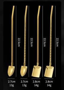 Detail view of 22.5cm gold stainless steel straw spoons with precise size measurements