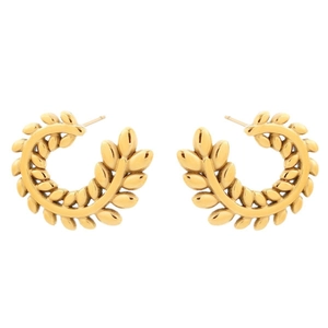 Elegant gold wheat leaf earrings in a semi-circular hoop design with a polished finish