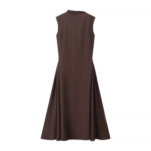 Elegant dark brown sleeveless A-line dress with metal buckles and symmetric pleats