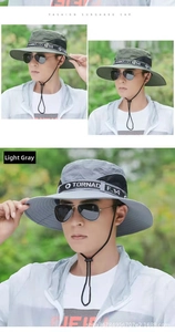 Detail of outdoor sun hat with breathable mesh stitching and adjustable chin strap