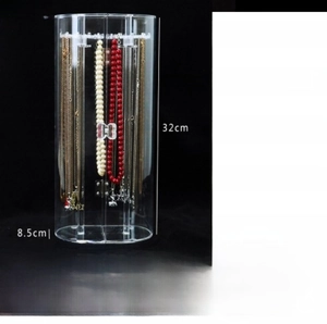 Internal view of a clear jewelry box showing 24 hooks for 72 necklaces and dimensions