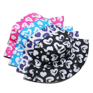 Japanese style heart print cotton bucket hats in multiple colors for sun protection
