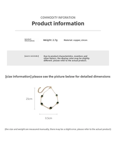 Détails du bracelet doré avec zircon vert montrant 25 cm de long et 0,5 cm de pierre