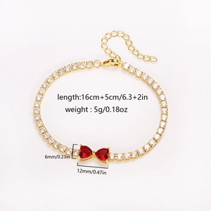 Detailed dimensions of gold tennis bracelet with red heart zirconia centerpiece