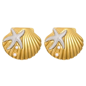 Golden shell earrings with silver starfish and white pearls on a clean white background