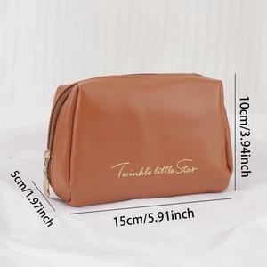 Brown PU leather mini makeup bag with golden Twinkle Little Star print 15x10x5cm