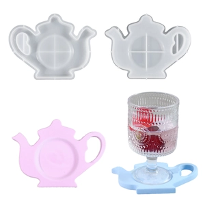 Teapot-shaped silicone resin mold set with finished DIY epoxy coaster display samples