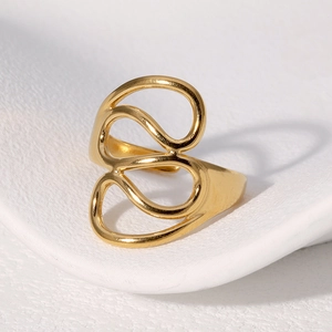 Minimalist gold stainless steel ring with abstract organic hollow lines on white background