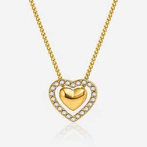 Heart Pendant Necklace 18K Gold Plated Stainless Steel Rhinestone Double Heart Sweet Romantic Jewelry For Women